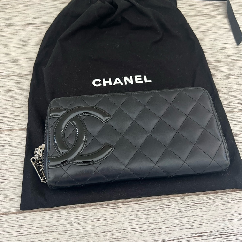 CHANEL Calfskin Quilted Cambon Large Gusset Zip Around Wallet Black w/pink